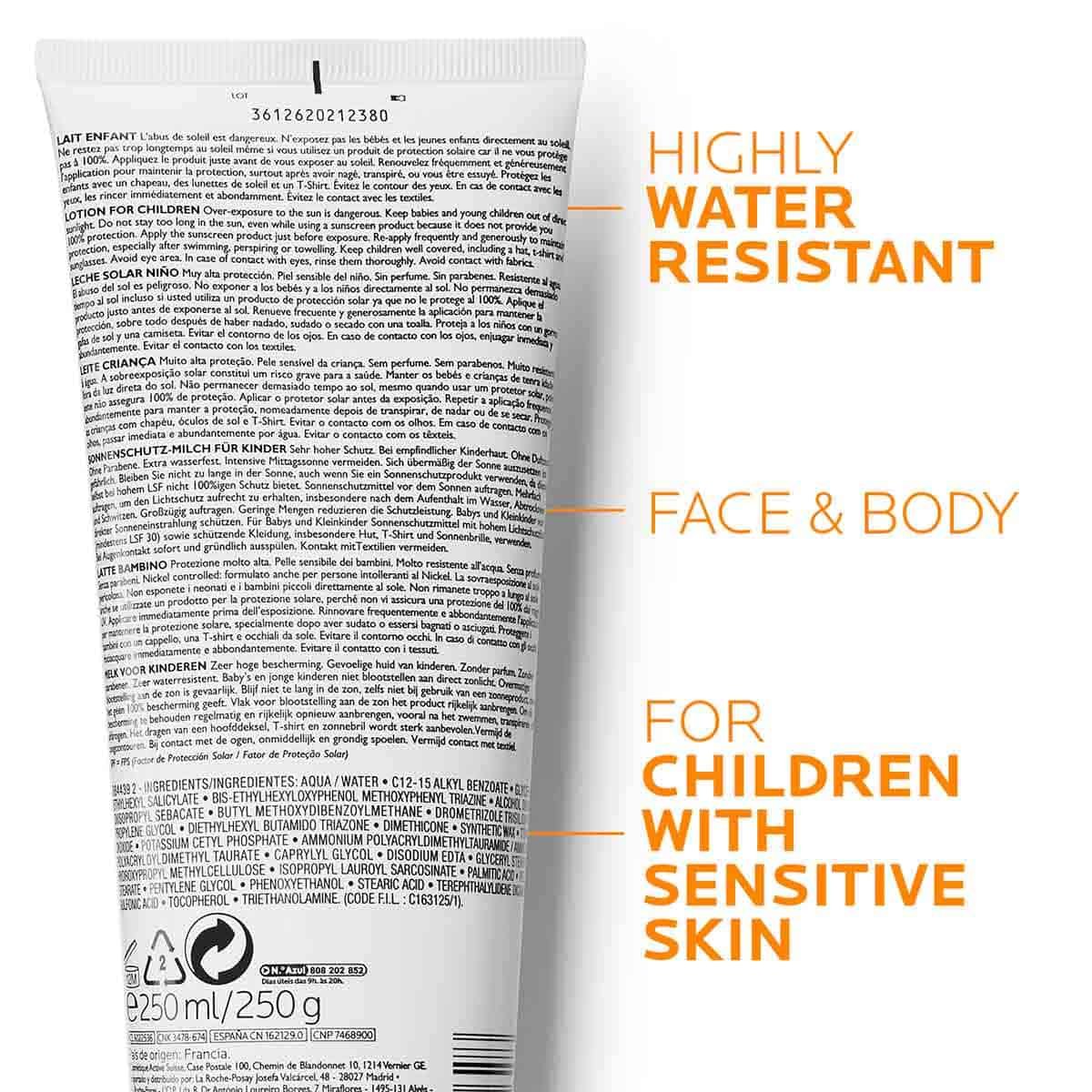 Retro di confezione Anthelios con indicazioni: Highly Water Resistant, Face & Body e For Children With Sensitive Skin