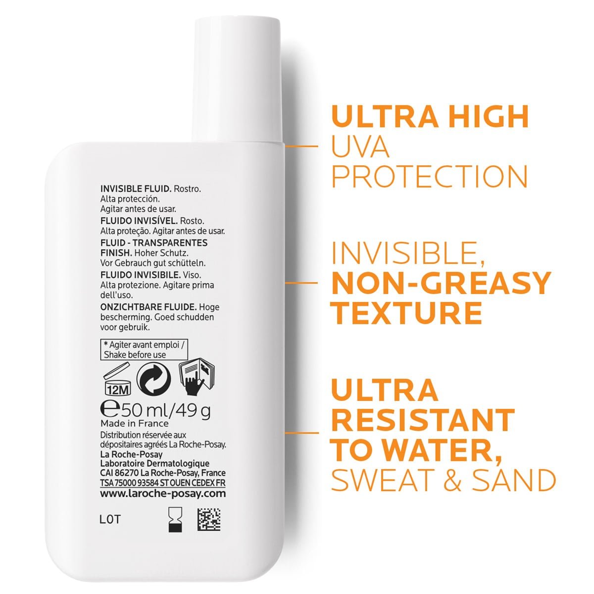 Retro di confezione Anthelios con indicazioni: Ultra High UVA Protection, Invisible, Non-Greasy Texture, Ultra Resistant to Water, Sweat & Sand