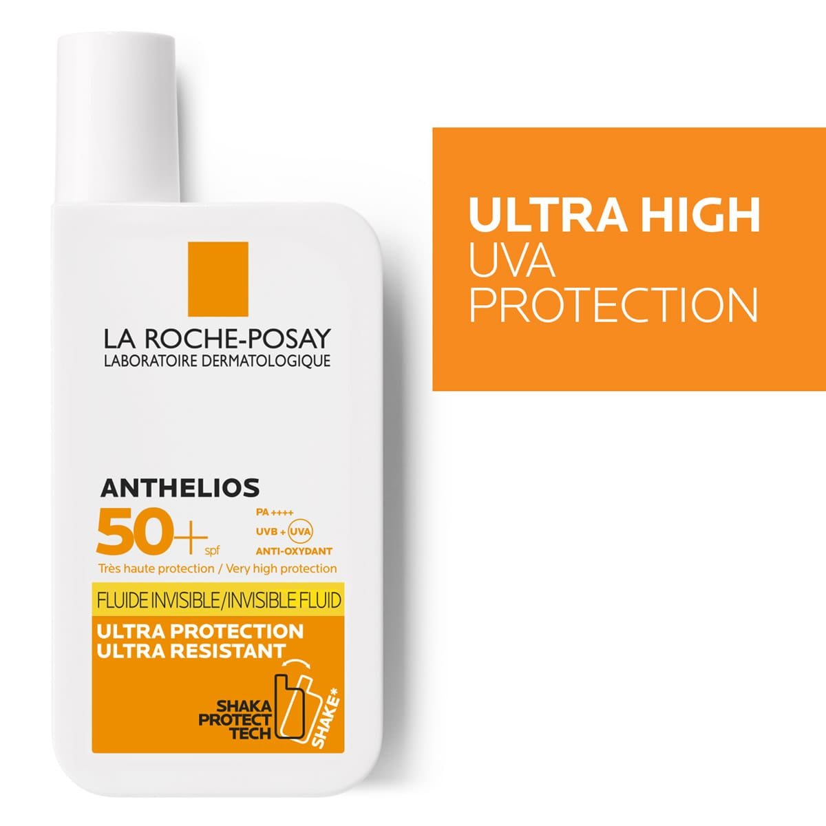 Confezione Anthelios 50+ con scritta bianca su sfondo arancione: Ultra High UVA Protection