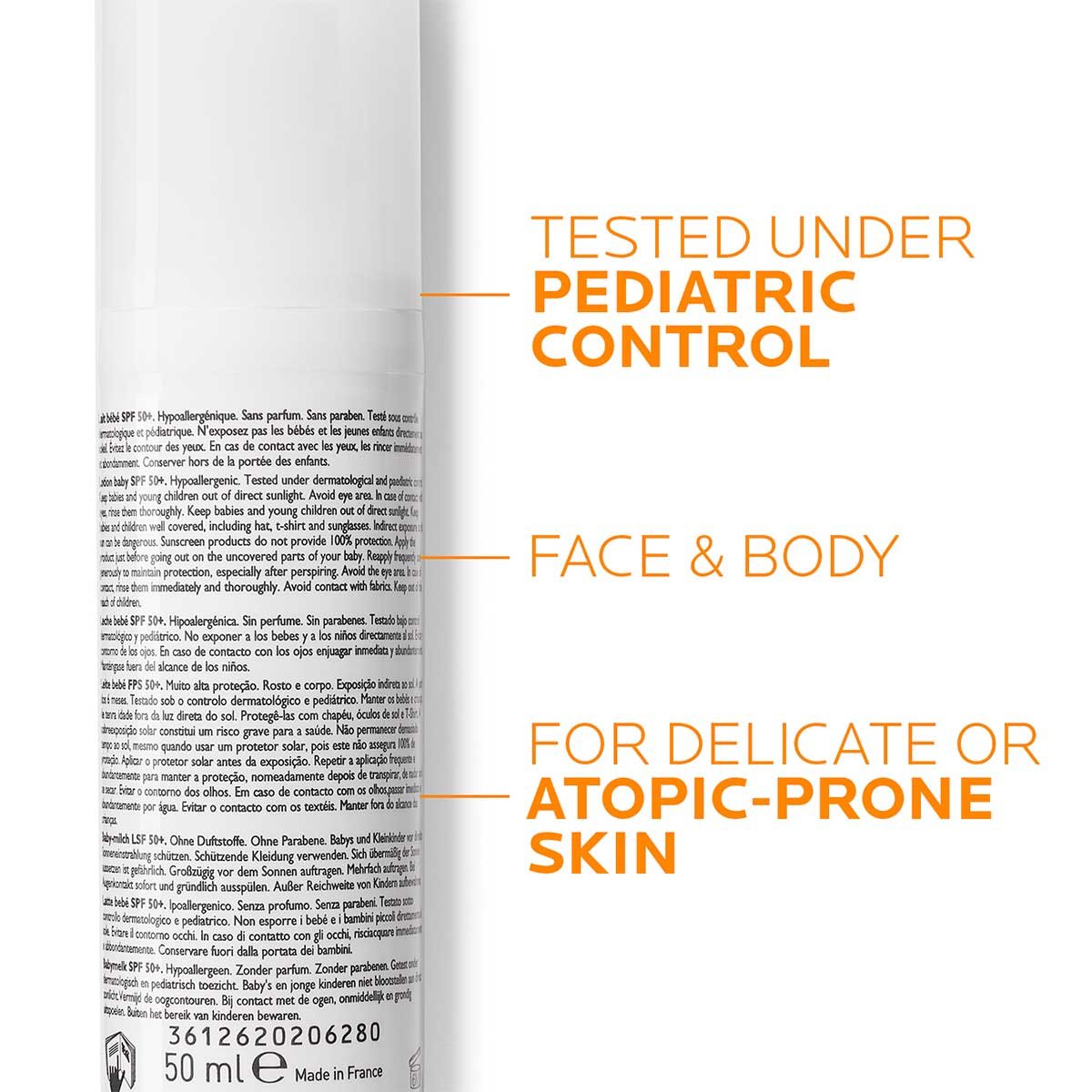 Retro confezione Anthelios dermo-pediatrics lozione SPF50+ con indicazioni: Tested Under Pediatric Control, Face & Body, For Delicate or Atopic-Prone Skin