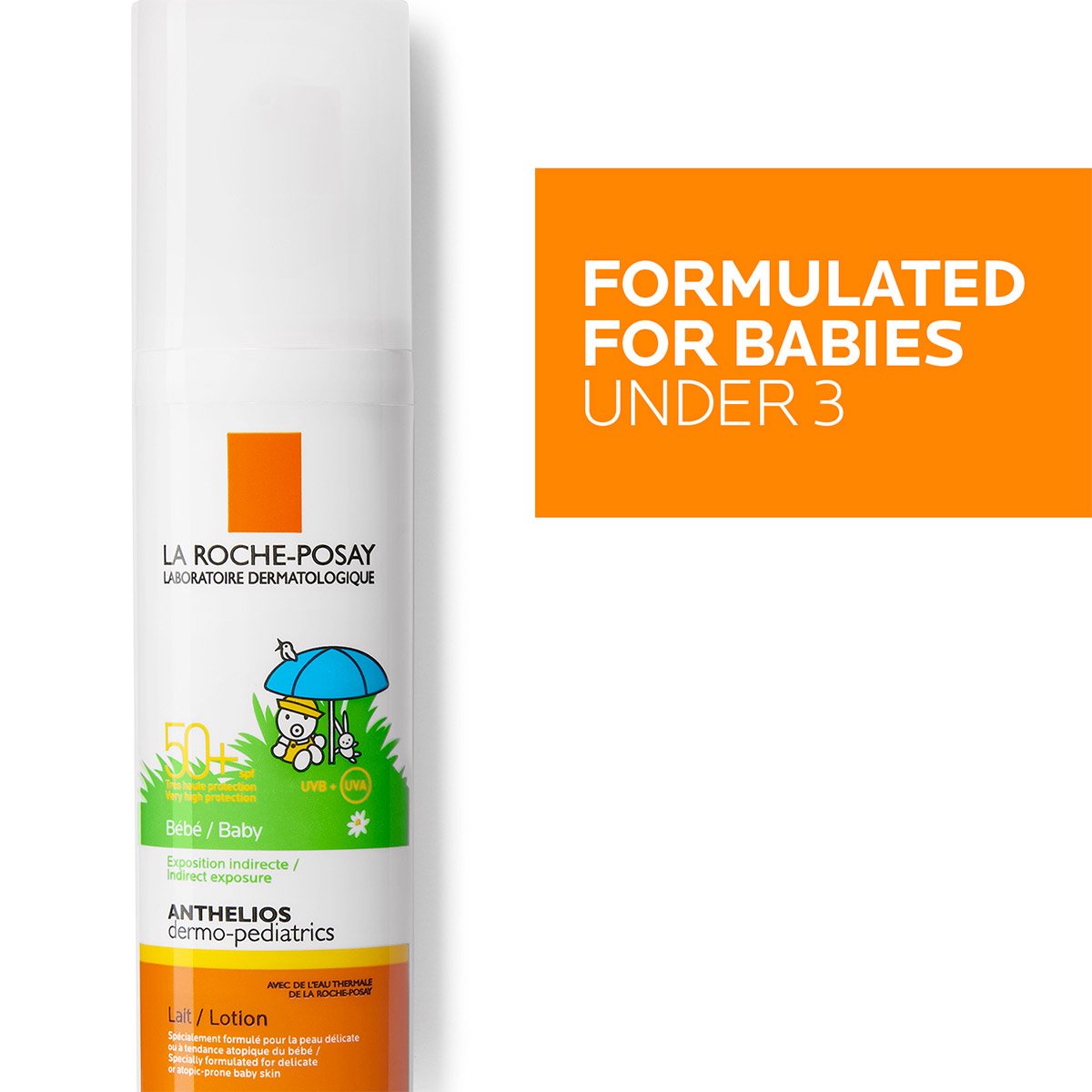 Confezione Anthelios dermo-pediatrics lozione SPF50+ con scritta bianca su sfondo arancione: Formulated For Babies Under 3