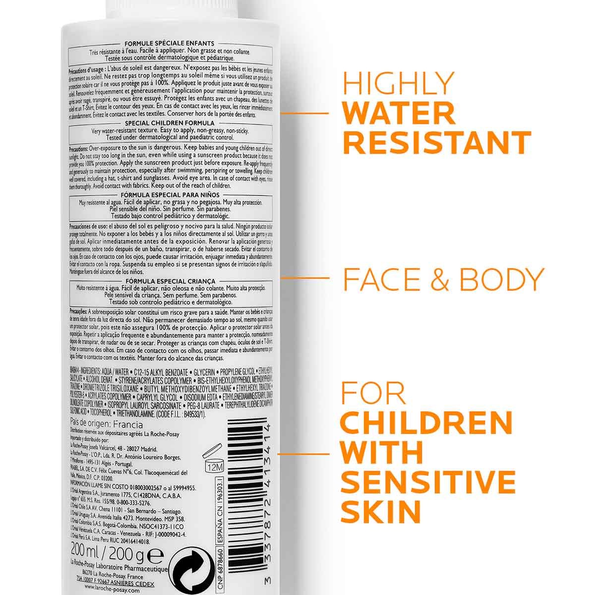 Retro confezione Anthelios dermo-pediatrics spray SPF50 con indicazioni: Highly Water Resistant, Face & Body, For Children With Sensitive Skin