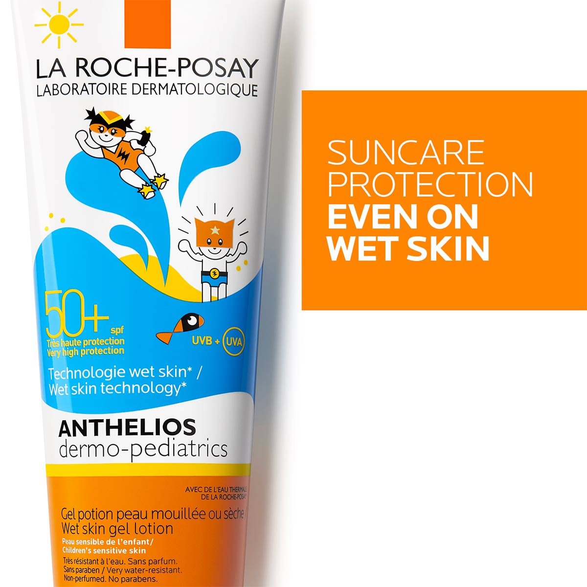 Confezione Anthelios wet skin gel SPF50+ con scritta accanto bianca su sfondo arancione: Suncare Protection Even on Wet Skin