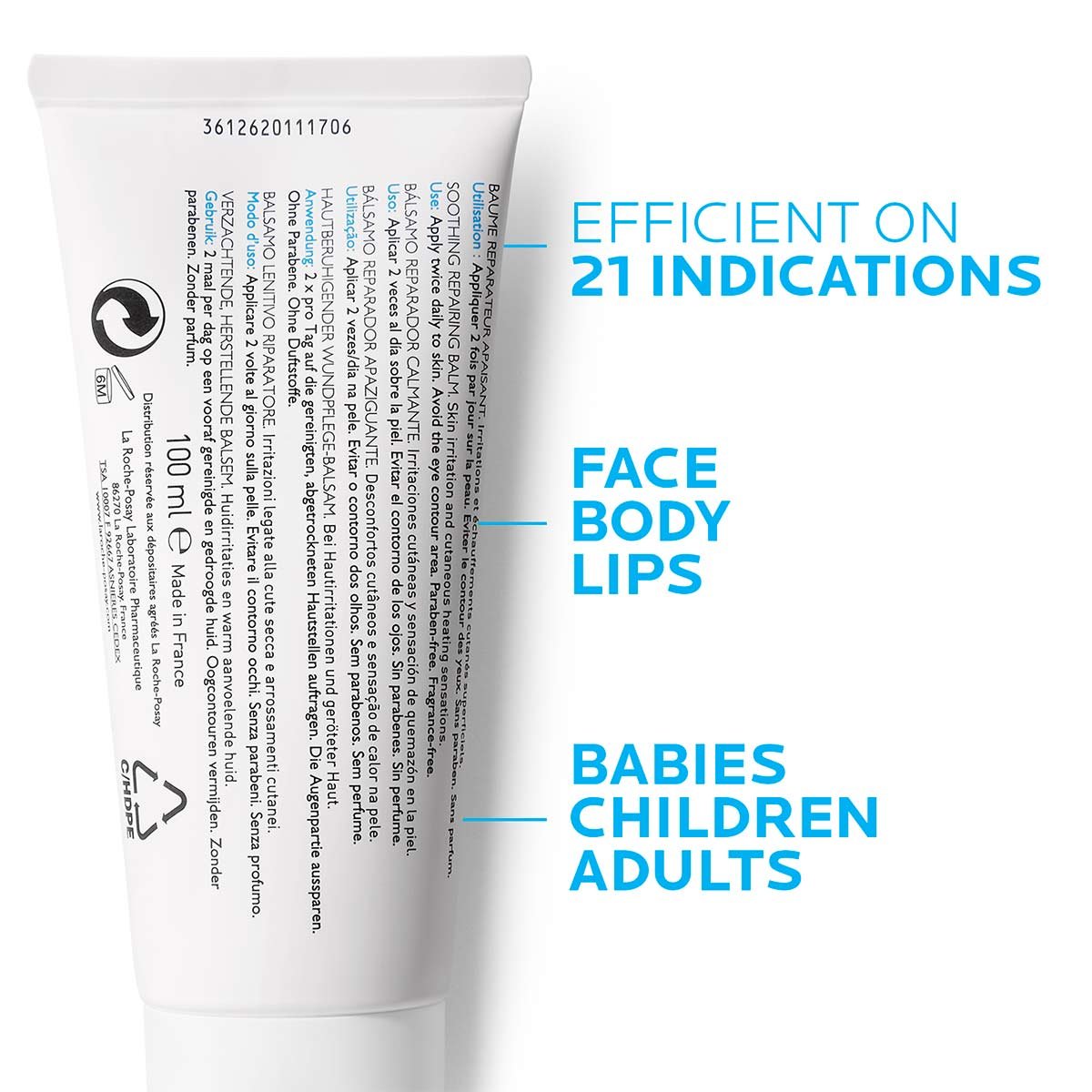Retro confezione Cicaplast Baume B5 corpo su sfondo bianco con scritte celesti: Efficient On 21 Indications, Face Body Lips, Babies Children Adults