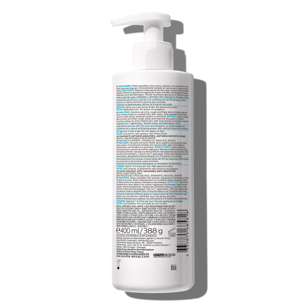 Retro confezione Lipikar lait urea 5+ 400ml con dispenser su sfondo bianco